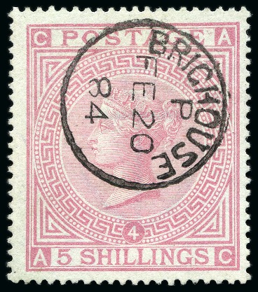 Stamp of Great Britain » 1855-1900 Surface Printed » 1867-83 High Values 1867-83 Wmk Anchor 5s rose pl.4 AC on blued paper with crisp Brighouse FE.20.1884 cds
