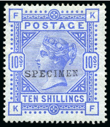 Stamp of Great Britain » 1855-1900 Surface Printed » 1883-84 & 1888 High Values 1883-84 10s Ultramarine on blued paper with "SPECIMEN" type 9 overprint