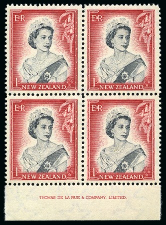 Stamp of New Zealand 1953-59 1s Black and Carmine-Red, vignette die II, in mint nh lower marginal imprint block of 4