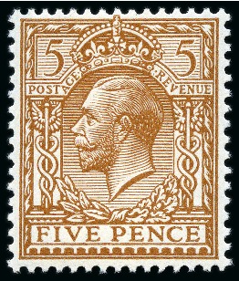 Stamp of Great Britain » King George V » 1912-24 Profile Head Issues 1912-24 Wmk Royal Cypher 5d reddish brown mint nh with NO WATERMARK variety