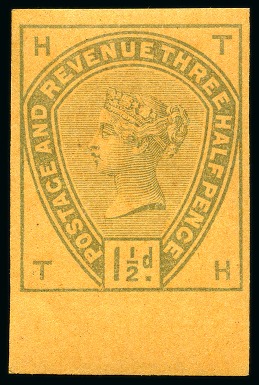 Stamp of Great Britain » 1855-1900 Surface Printed » 1883-84 Lilac & Green Issue 1883-84 Lilac & Green issue 1 1/2d colour trial printed in green on unwatermarked orange paper