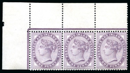 Stamp of Great Britain » 1855-1900 Surface Printed » 1880-81 Provisional Issue and 1881 1d Lilac 1881 1d Lilac die II showing "broken frame at bottom" variety (position R.1/2) in top left corner marginal strip of three