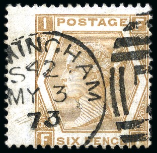 Stamp of Great Britain » 1855-1900 Surface Printed » 1867-80 Large Uncoloured Corner Letters, Wmk Spray of Rose 1872-73 6d Chestnut pl.12 ABNORMAL left wing marginal neatly cancelled by a Birmingham "75" duplex
