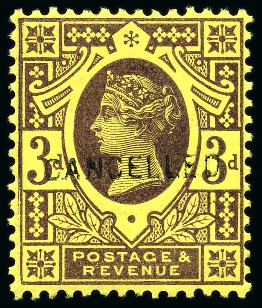 Stamp of Great Britain » 1855-1900 Surface Printed » 1887-1900 Jubilee Issue & 1891 £1 Green 1887 Jubilee 3d purple on yellow with "CANCELLED" type 14 overprint