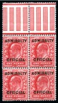 Stamp of Great Britain » Officials ADMIRALTY: 1903 1/2s Blue-Green and 1d Scarlet with type O11 Admiralty Official overprint in mint nh marginal blocks of four,