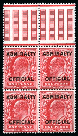 Stamp of Great Britain » Officials ADMIRALTY: 1903 1/2s Blue-Green and 1d Scarlet with type O11 Admiralty Official overprint in mint nh marginal blocks of four,