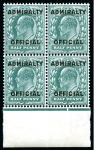 Stamp of Great Britain » Officials ADMIRALTY: 1903 1/2s Blue-Green and 1d Scarlet with type O11 Admiralty Official overprint in mint nh marginal blocks of four,
