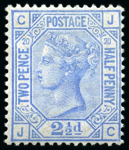 Stamp of Great Britain » 1855-1900 Surface Printed » 1873-80 Large Coloured Corner Letters 1873-80 2 1/2d Blue pl.20 JC mint og