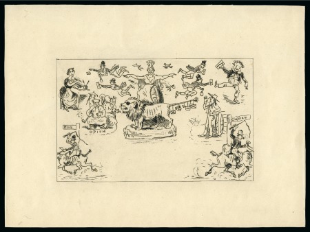 Stamp of Great Britain » 1840 Mulreadys & Caricatures ca.1840 Fores's No.1 Comic Envelope preliminary proof by John Leech printed in black on thin white card