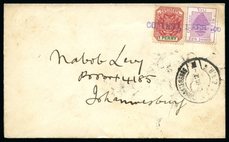 Stamp of South Africa » Anglo Boer War 1900 (Feb 1) Envelope with "COLENSO 1 FEB 00" violet straightline cancel tying Transvaal 1d and Orange Free State 1d