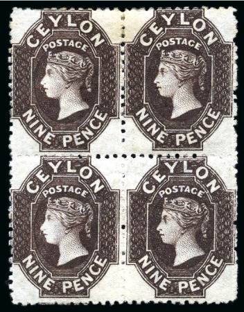 Stamp of Ceylon » 1867-70 Watermark Crown CC (21.5mm high) 1867-70 Wmk CC (smaller) 9d blackish-brown unused block of 4