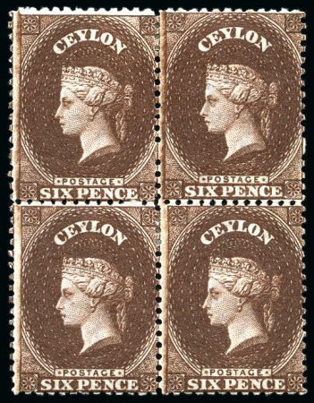 Stamp of Ceylon » 1867-70 Watermark Crown CC (21.5mm high) 1867-70 Wmk CC (smaller) 6d red-brown mint og block of 4