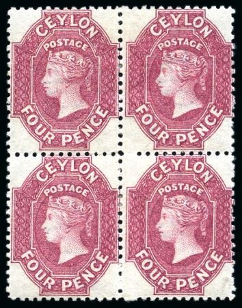 Stamp of Ceylon » 1867-70 Watermark Crown CC (21.5mm high) 1867-70 Wmk CC (smaller) 4d rose-carmine mint og block of 4
