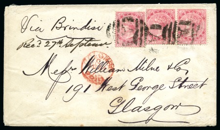 Stamp of Ceylon » 1872 Cents Issues Onwards 1875 (Aug 31) Envelope from Colombo to Scotland with three 1872-80 48c tied by "A" barred ovals