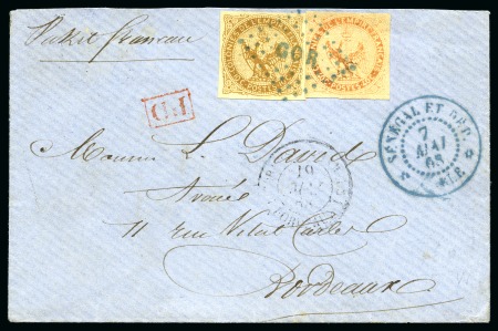 Stamp of Colonies françaises » Sénégal 1868 10c +40c Aigle obl. losange GOR en bleu avec càd