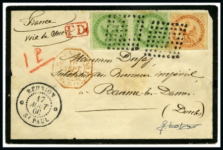 Stamp of Colonies françaises » Réunion 1866 Paire de 5c vert +40c Aigle obl. losange avec
