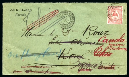 Stamp of Colonies françaises » Nouvelle-Calédonie 1911 10c Cagou obl. Sce Mme Cote-Ouest sur lettre réadressée