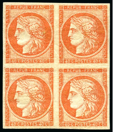 Stamp of France 1849 40c orange foncé en bloc de 4 neuf, TB, rare,