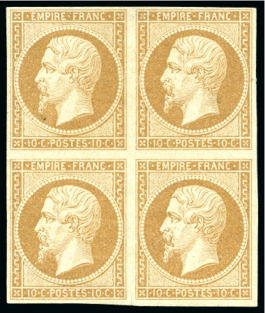 Stamp of France » Empire 1853-1862 10c Empire non dentelé en bloc de 4 neuf, TB, signé