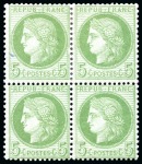 Stamp of France 5c Cérès en bloc de 4, neuf, froissure sur la paire