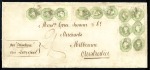 Stamp of Great Britain » 1847-54 Embossed 1855 (Apr 19) Large envelope from Whitehaven to Australia with 1847 1s pale green in block of six and two vertical strips of three