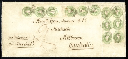 Stamp of Great Britain » 1847-54 Embossed 1855 (Apr 19) Large envelope from Whitehaven to Australia with 1847 1s pale green in block of six and two vertical strips of three