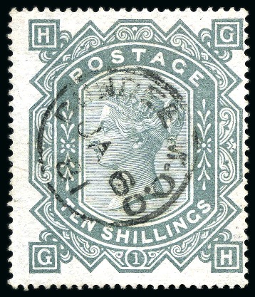 Stamp of Great Britain » 1855-1900 Surface Printed » 1867-83 High Values 1867-83 Wmk MC 10s greenish grey with central Dundee M.O. cds
