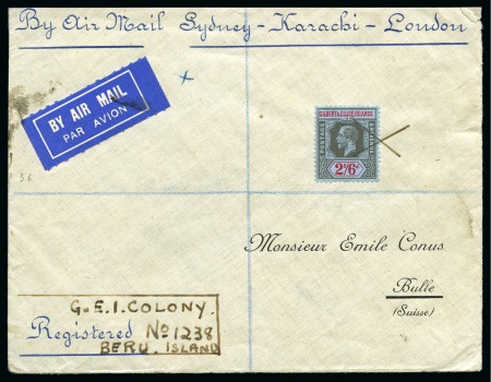 Stamp of Gilbert and Ellice Islands 1934 (Jun 2) Airmail from Beru Island to Switzerland with 1912-24 2s6d tied by pen cross