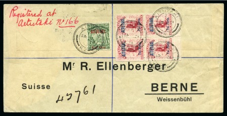 Stamp of Cook Islands » Aitutaki 1904 (Sep 21) Envelope sent registered to Switzerland with 1903-11 1d lower marginal block of four and 1/2d single