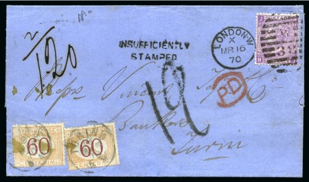 Stamp of Great Britain » 1854-1900 Postal History of the Perforated Line Engraved and Surface Printed Issues 1870 (Mar 16) Wrapper from London to Italy with 1867-80 6d violet pl.8 and two Italy 60c postage dues