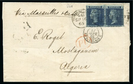 Stamp of Great Britain » 1854-1900 Postal History of the Perforated Line Engraved and Surface Printed Issues 1865 (Sep 16) Wrapper from Birmingham to ALGERIA with 1858-76 2d blue pl.9 pair