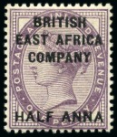 Stamp of Kenya, Uganda and Tanganyika » British East Africa 1890 1/2a on 1d (2), 1a on 2d and 4a on 5d mint set