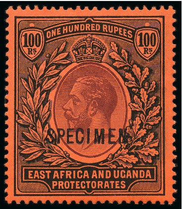 Stamp of Kenya, Uganda and Tanganyika » Kenya, Uganda and Tanganyika 1912-21 Wmk Multi Crown 100R purple & black on red with SPECIMEN overprint