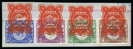 Stamp of Kenya, Uganda and Tanganyika » Kenya, Uganda and Tanganyika 1922-27 10s, £2, £10 and £50 on piece cancelled by red embossed "KENYA / REVENUE" dated cancels