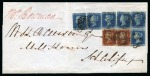 Stamp of Great Britain » 1841 2d Blue 1843 (Oct 2) Wrapper from London to Halifax with six 1841 2d blue pl.3 and two 1841 1d red pl.38 tied by London "12" in MCs