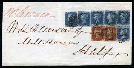 Stamp of Great Britain » 1841 2d Blue 1843 (Oct 2) Wrapper from London to Halifax with six 1841 2d blue pl.3 and two 1841 1d red pl.38 tied by London "12" in MCs