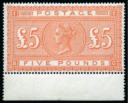 Stamp of Great Britain » 1855-1900 Surface Printed » 1867-83 High Values 1867-83 £5 Orange on white paper mint nh lower marginal