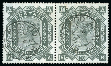 Stamp of Great Britain » 1855-1900 Surface Printed » 1867-83 High Values 1867-83 Wmk Anchor 10s grey-green AA-AB on blued paper, used pair both with neat Argyll Street / Glasgow cds