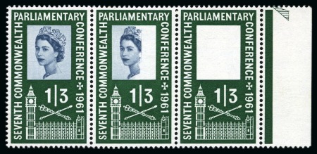 Stamp of Great Britain » Queen Elizabeth II 1961 Parliamentary Conference 1s3d with ERROR BLUE OMITTED (Queen's head) in mint nh right marginal strip