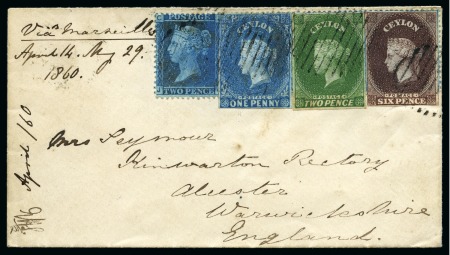 Stamp of Ceylon » 1857-59 White Paper » Postal History 1860 Envelope sent to England, initially bearing strip of four GB 1858-79 2d blue pl.7, then covered by Ceylon 1857-59 1d blue, 2d green and 6d purple-brown