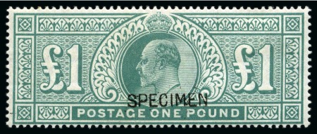 Stamp of Great Britain » King Edward VII » 1902-10 De La Rue Issues 1902-10 De La Rue £1 green with "SPECIMEN" type 16 overprint