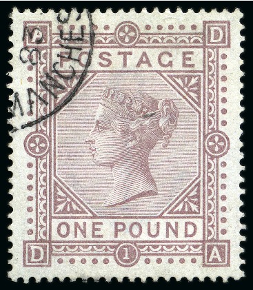 Stamp of Great Britain » 1855-1900 Surface Printed » 1867-83 High Values 1867-83 Wmk Anchor £1 brown-lilac DA on blued paper, very neat partial cds at the top left corner