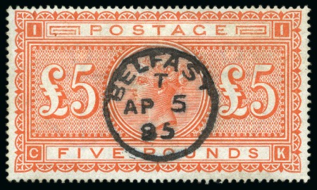 Stamp of Great Britain » 1855-1900 Surface Printed » 1867-83 High Values 1867-83 £5 Orange on white paper CK with central Belfast cds