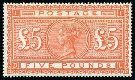 Stamp of Great Britain » 1855-1900 Surface Printed » 1867-83 High Values 1867-83 Wmk Anchor £5 orange DL mint large part og