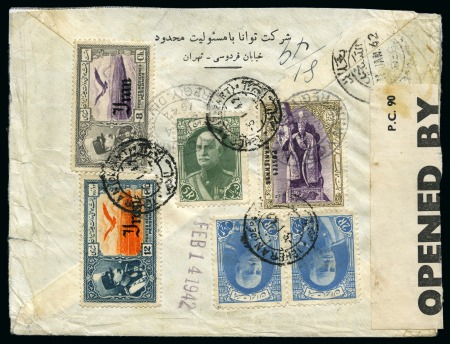 Stamp of Persia » 1925-1941 Riza Khan Pahlavi Shah (SG 602-O849) 1935 "Postes Iranniennes" 3T Coronation with ovpt. plus variety of other issues tied by Teheran cds (5.I.42) to reverse of registered cover to New York