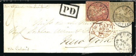 Stamp of Switzerland / Schweiz » Sitzende Helvetia Ungezähnt » 1856-57 Berner Druck (II) 1Fr violettgrau zusammen mit 15Rp rosa entwertet Z