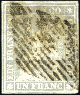 Stamp of Switzerland / Schweiz » Sitzende Helvetia Ungezähnt » 1856-57 Berner Druck (II) 1Fr violettgrau mit schwarzer Raute leicht entwertet