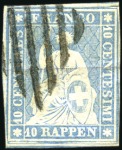 Stamp of Switzerland / Schweiz » Sitzende Helvetia Ungezähnt » III. Periode, dünnes Seidenpapier 10Rp grünlichblau, drei gut gerandete Marken