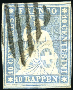Stamp of Switzerland / Schweiz » Sitzende Helvetia Ungezähnt » III. Periode, dünnes Seidenpapier 10Rp grünlichblau, drei gut gerandete Marken