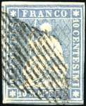 Stamp of Switzerland / Schweiz » Sitzende Helvetia Ungezähnt » III. Periode, dünnes Seidenpapier 10Rp grünlichblau, drei gut gerandete Marken